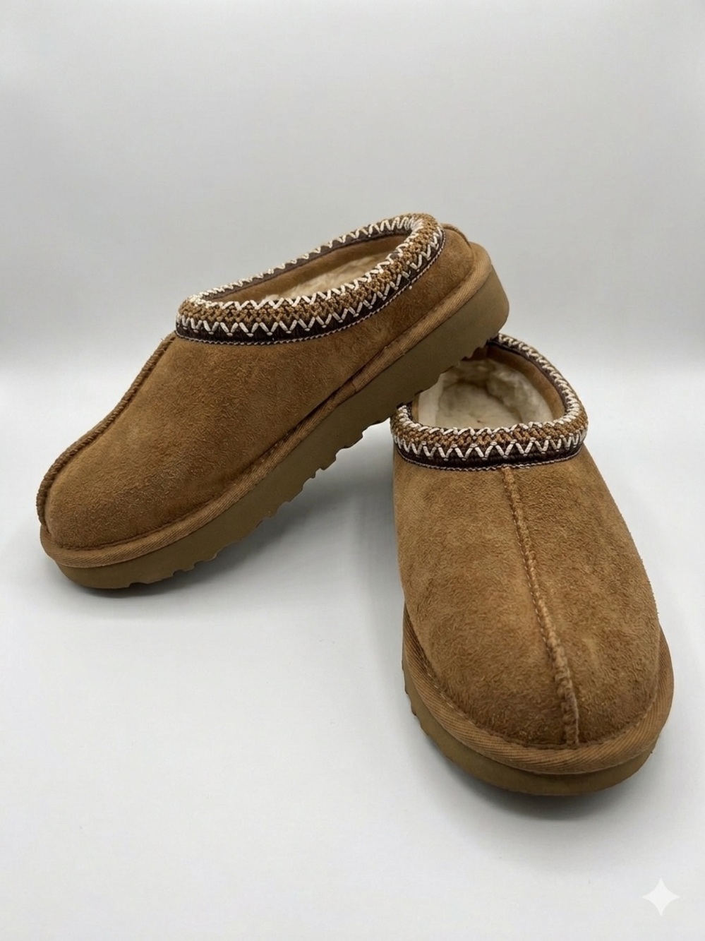 UGG Tasman II Slippers in a Chestnut Suede with Embroidered Braid Collar Size 5